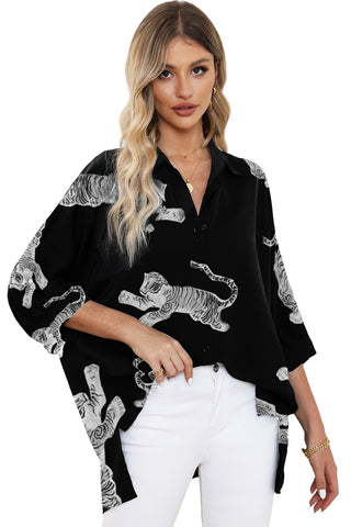 Black Tiger Print 3/4 Sleeve Oversized Shirt