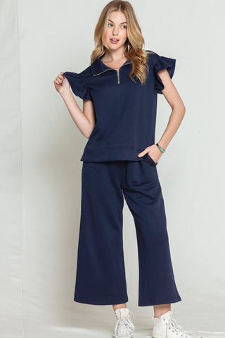 Navy Blue Textured Ruffle Cap Sleeve Top And Wide Leg Pants Set