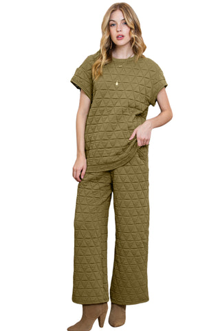 Green Quilted Short Sleeve Top and Wide Leg Pants Set