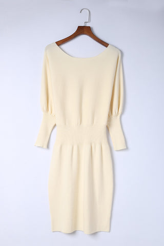 Apricot Batwing Sleeves Cinched Waist Ribbed Sweater Dress