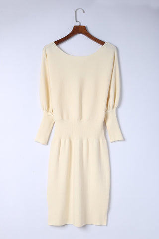 Apricot Batwing Sleeves Cinched Waist Ribbed Sweater Dress