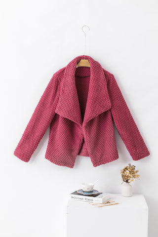 Strawberry Pink Fleece Textured Lapel Collar Open Front Jacket