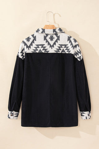 Black Aztec Patchwork Buttoned Corduroy Shacket