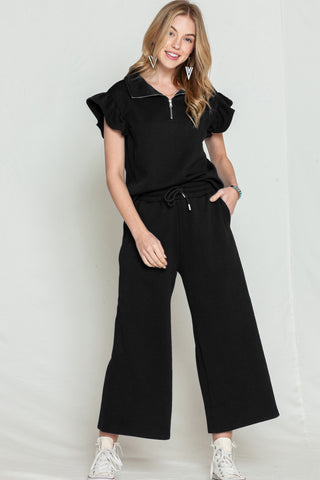 Navy Blue Textured Ruffle Cap Sleeve Top And Wide Leg Pants Set