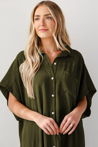 Jungle Green Loose High Low Side Slits Short Sleeve Shirt Dress