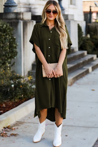 Jungle Green Loose High Low Side Slits Short Sleeve Shirt Dress