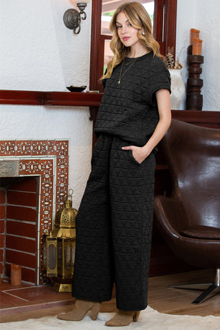 Green Quilted Short Sleeve Top and Wide Leg Pants Set