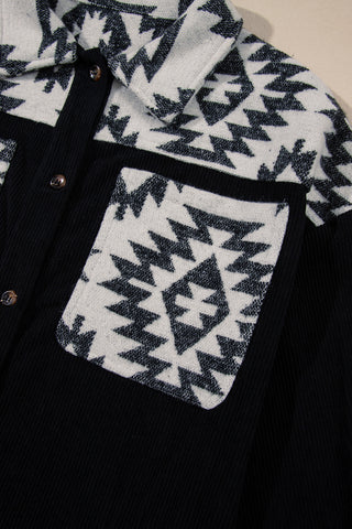 Black Aztec Patchwork Buttoned Corduroy Shacket