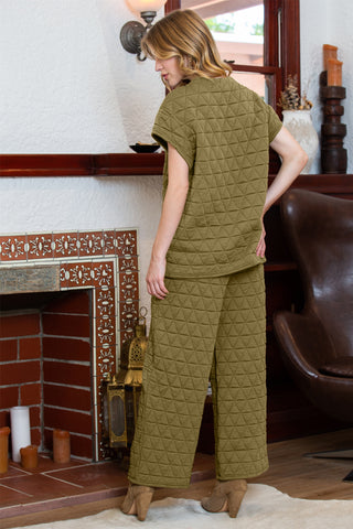 Green Quilted Short Sleeve Top and Wide Leg Pants Set