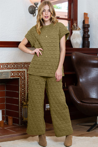 Green Quilted Short Sleeve Top and Wide Leg Pants Set