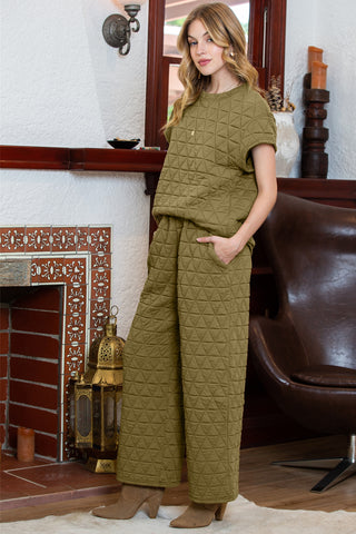 Green Quilted Short Sleeve Top and Wide Leg Pants Set