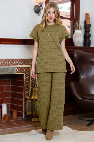 Green Quilted Short Sleeve Top and Wide Leg Pants Set