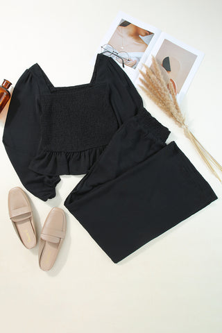 Black Square Neck Smocked Peplum Top and Pants Set