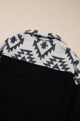 Black Aztec Patchwork Buttoned Corduroy Shacket