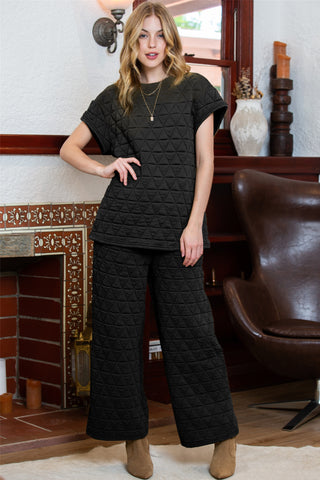 Green Quilted Short Sleeve Top and Wide Leg Pants Set