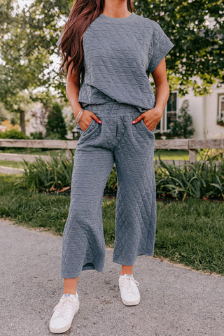 Green Quilted Short Sleeve Top and Wide Leg Pants Set