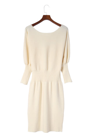 Apricot Batwing Sleeves Cinched Waist Ribbed Sweater Dress