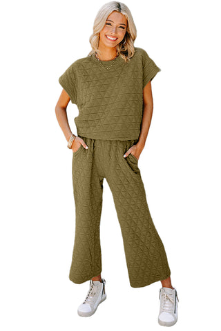 Green Quilted Short Sleeve Top and Wide Leg Pants Set