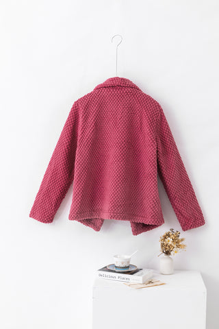 Strawberry Pink Fleece Textured Lapel Collar Open Front Jacket