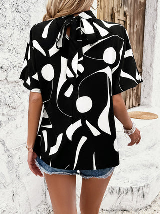 New stand collar casual loose printed short sleeve top