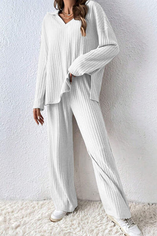 Ribbed Slit Top and Pants Set